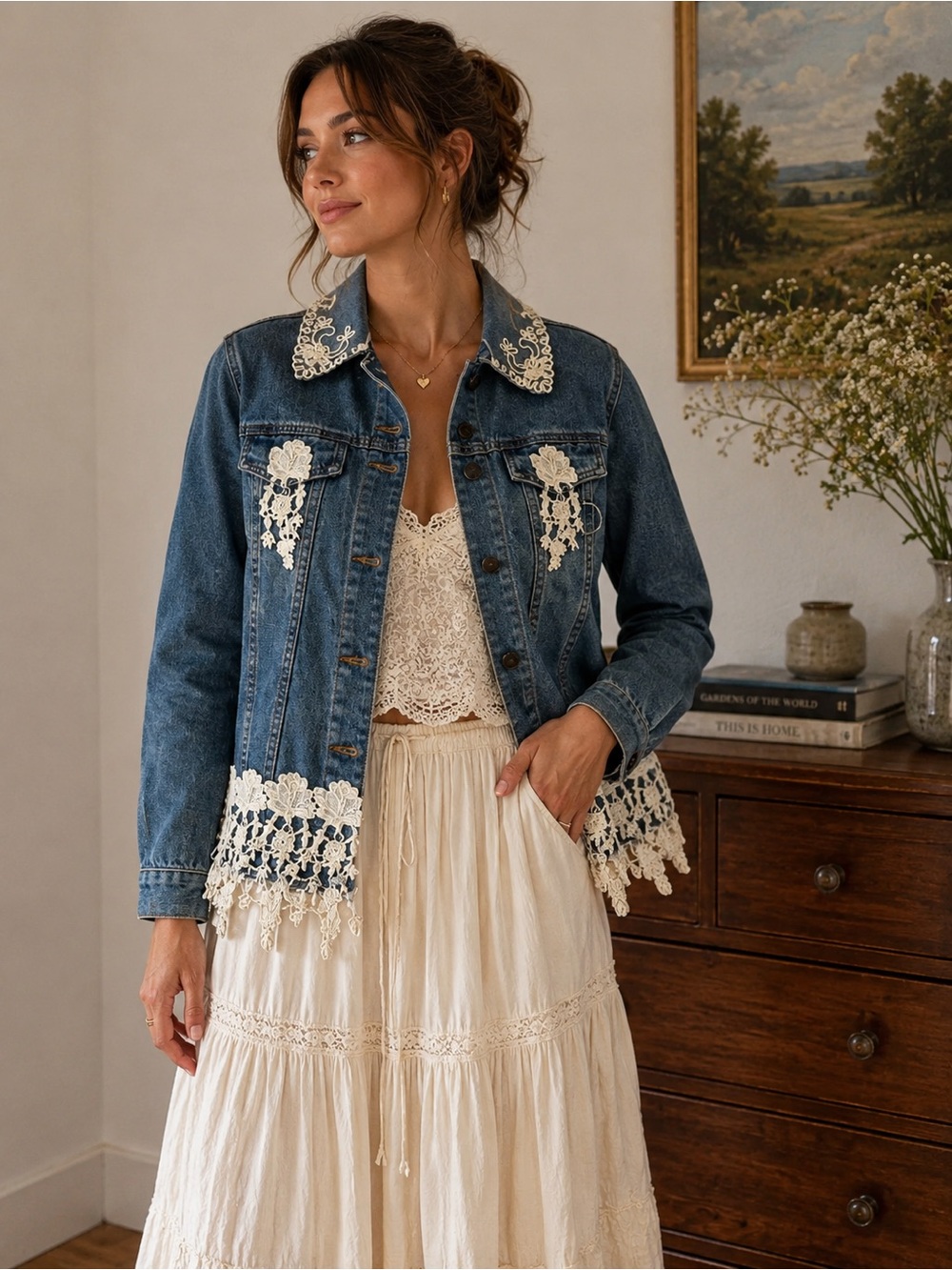 Vintage Magnet Art Lynn Yang Lace Trim Denim Jacket Boho Cottagecore Y2K